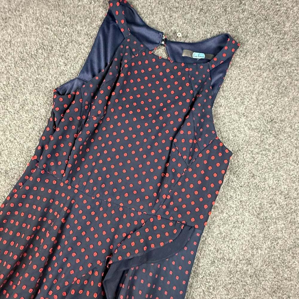 Eva Franco Sleeveless Ruffle Dress Size 6 Navy Blue Red Polka Dot